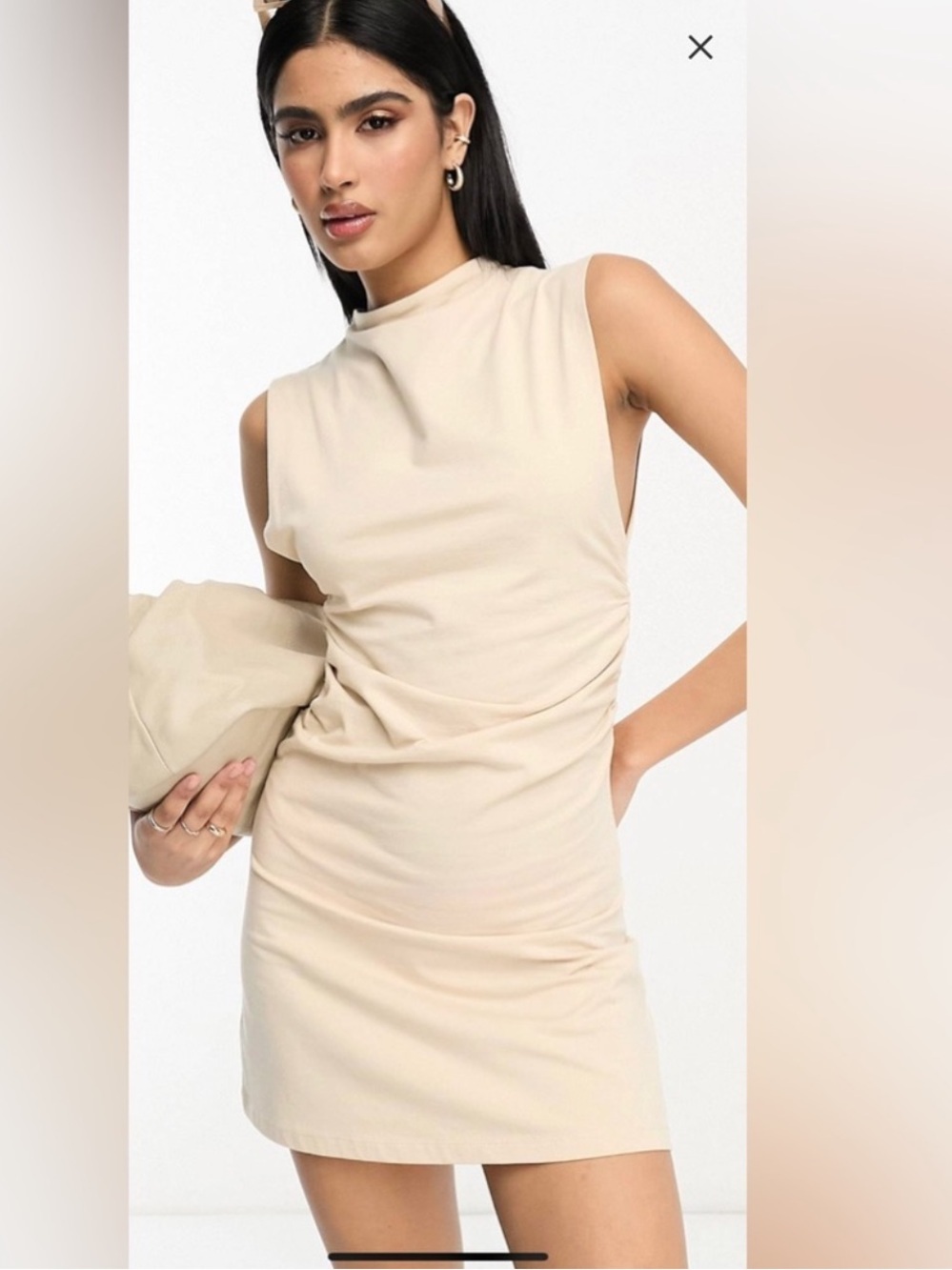 ASOS Design Stone High Neck Ruched Sides Dropped Arm Holes Cotton Dress Size 6